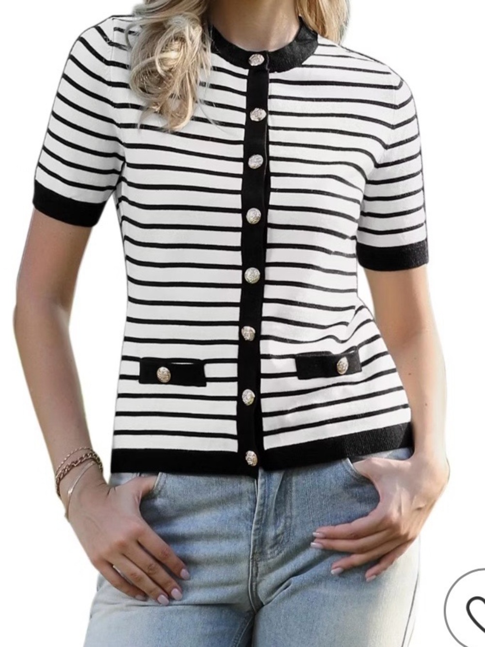 Emerson lang Striped Short-Sleeve Button Cardigan Sweater - Black & White Sz m